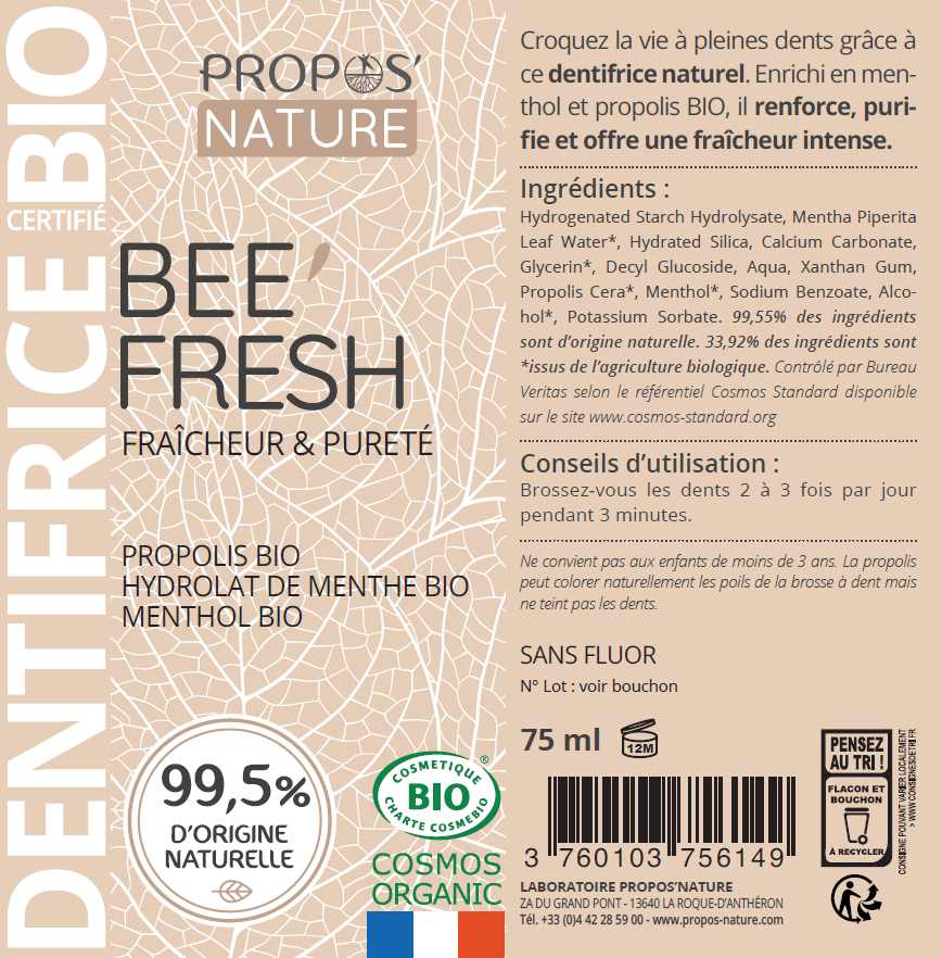 Bio-Zahnpasta mit Propolis und Menthol – Fluoridfrei – 75 ml